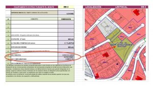 Ficha de la parcela (en verde) donde irá la ampliación del consultorio de salud y la plaza pública con aparcamiento y usos complementarios (cultural, social, administrativo, aparcamientos y comercial).